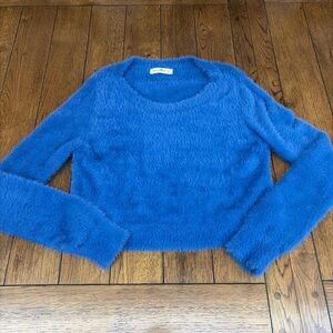 Natural Life Blue Fuzzy Cropped Sweater Boat Neck Long Sleeve Womens L